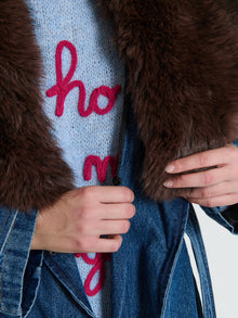 Trench in denim con collo di ecopelliccia