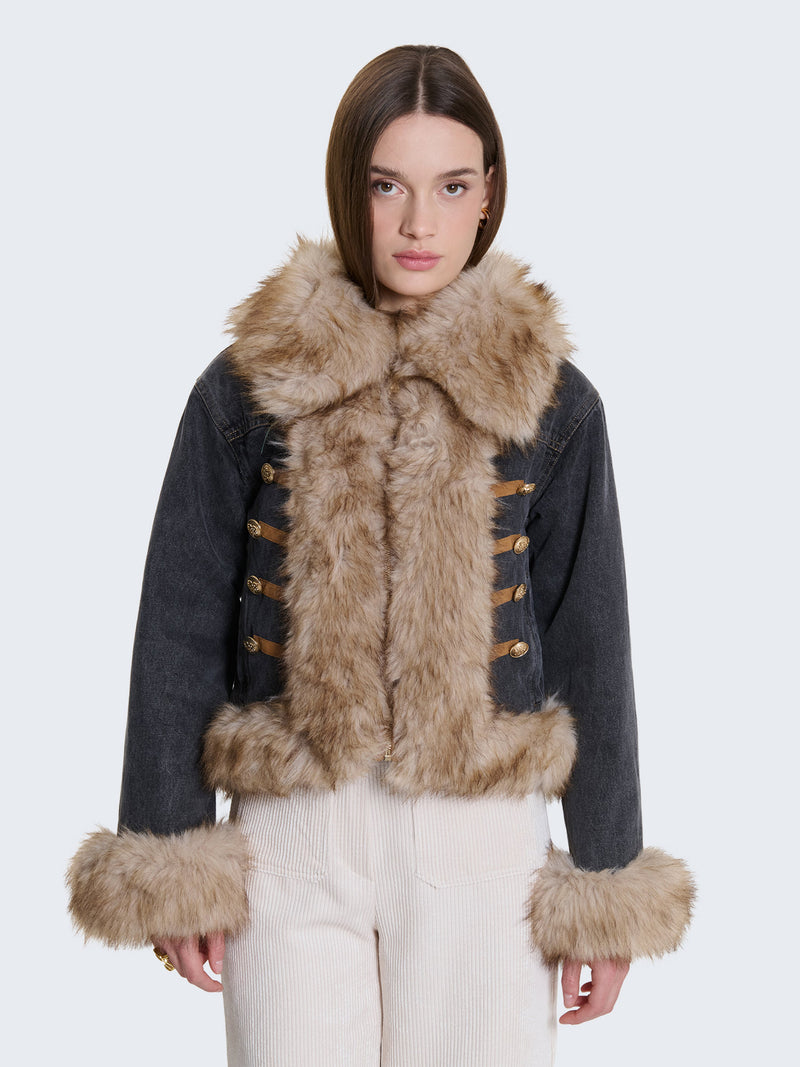 Padded denim jacket with faux fur collar and sleeves