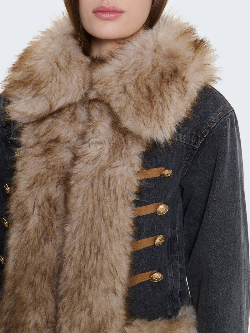 Padded denim jacket with faux fur collar and sleeves