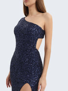 Abito paillettes monospalla con spacco