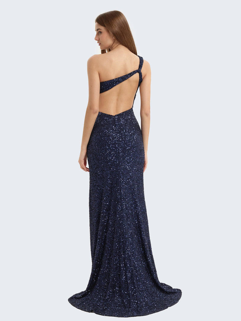 Abito paillettes monospalla con spacco