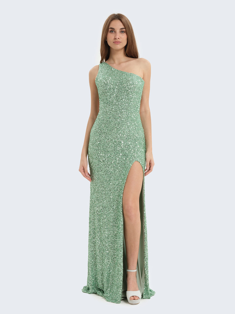 Abito paillettes monospalla con spacco