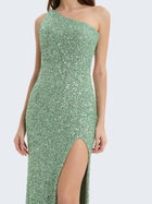 Abito paillettes monospalla con spacco