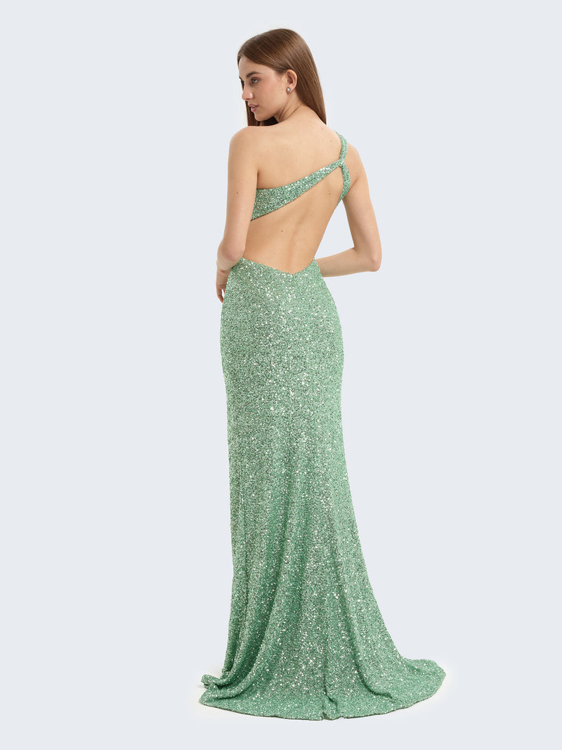Abito paillettes monospalla con spacco