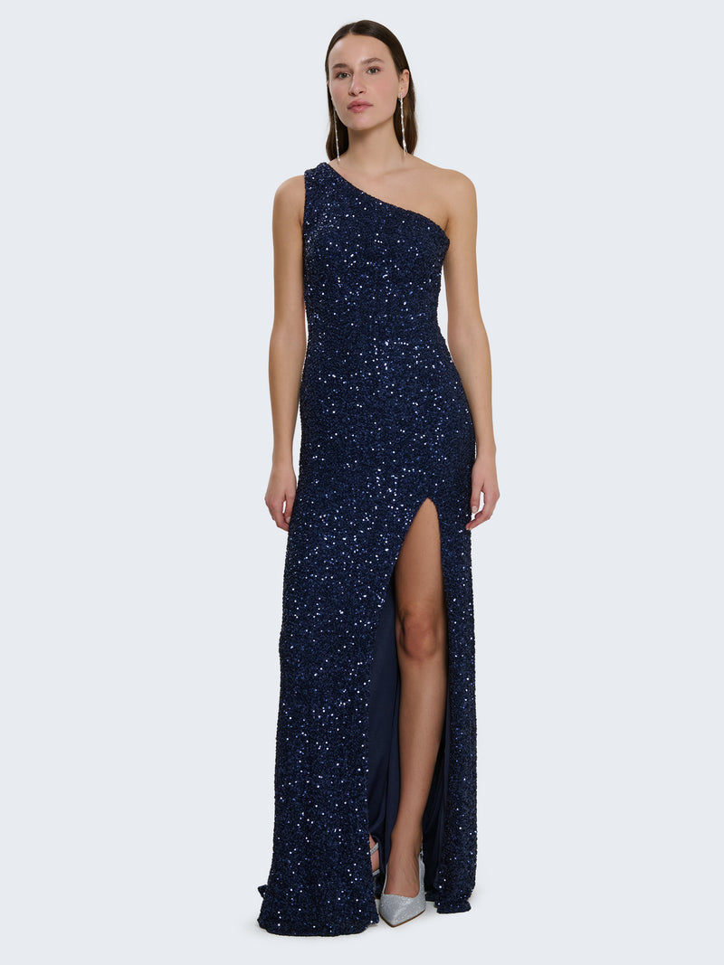 One-shoulder sequin dress with slit