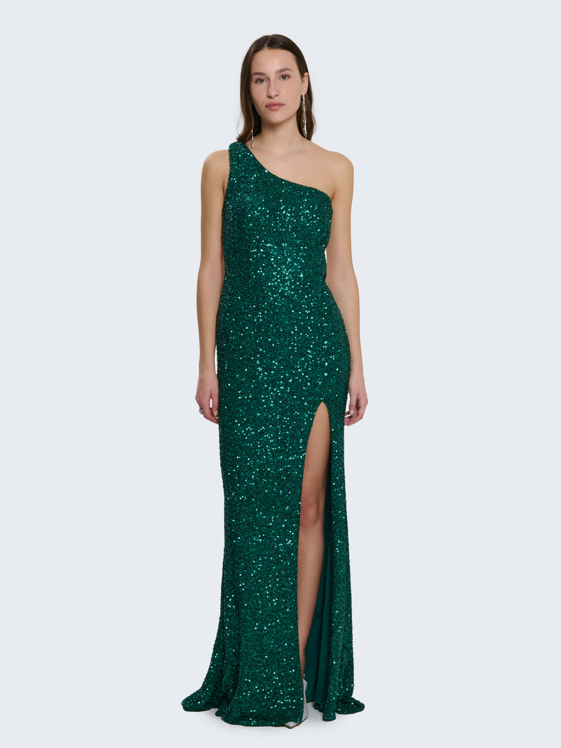 One-shoulder sequin dress with slit