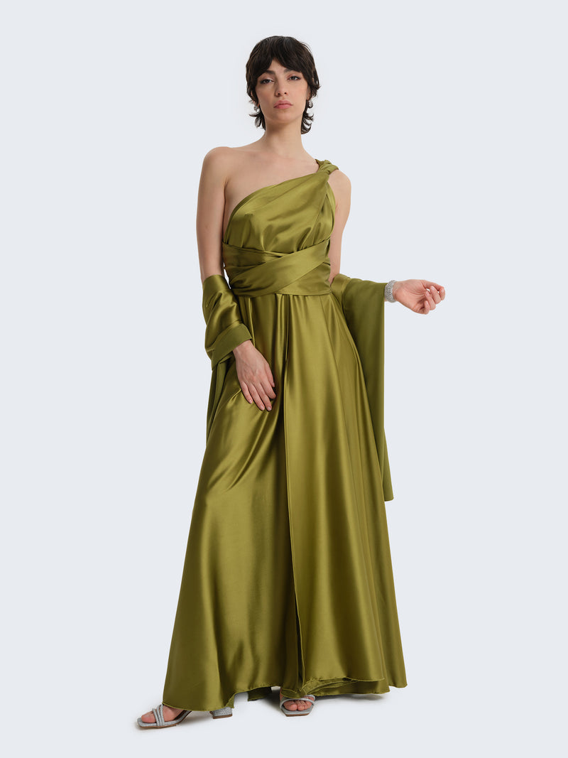 Transformer dress in satin with deep slit