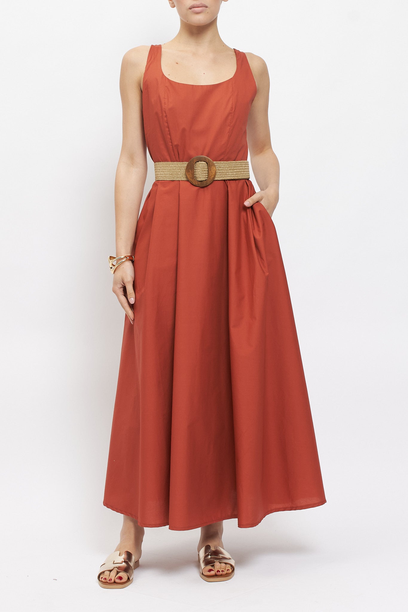 Abito midi in cotone con cintura
