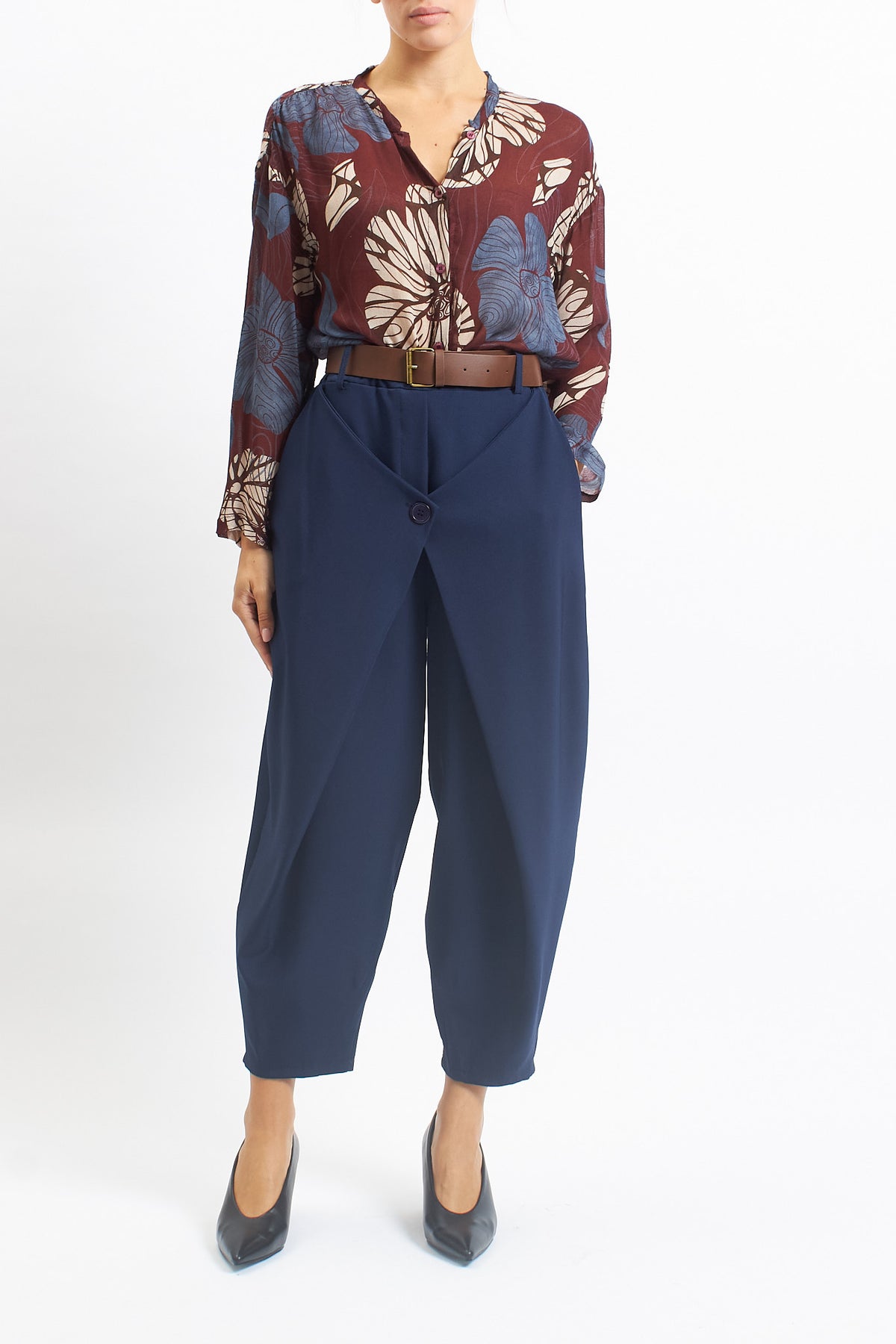 Pantalone barrel in cady con pannello