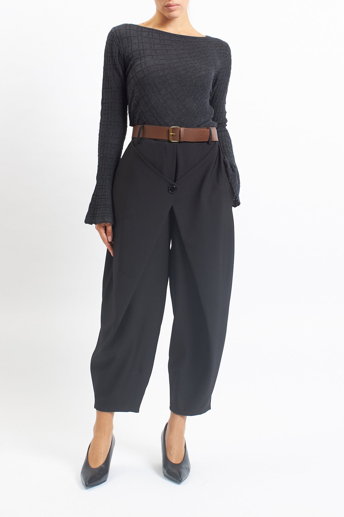 Pantalone barrel in cady con pannello