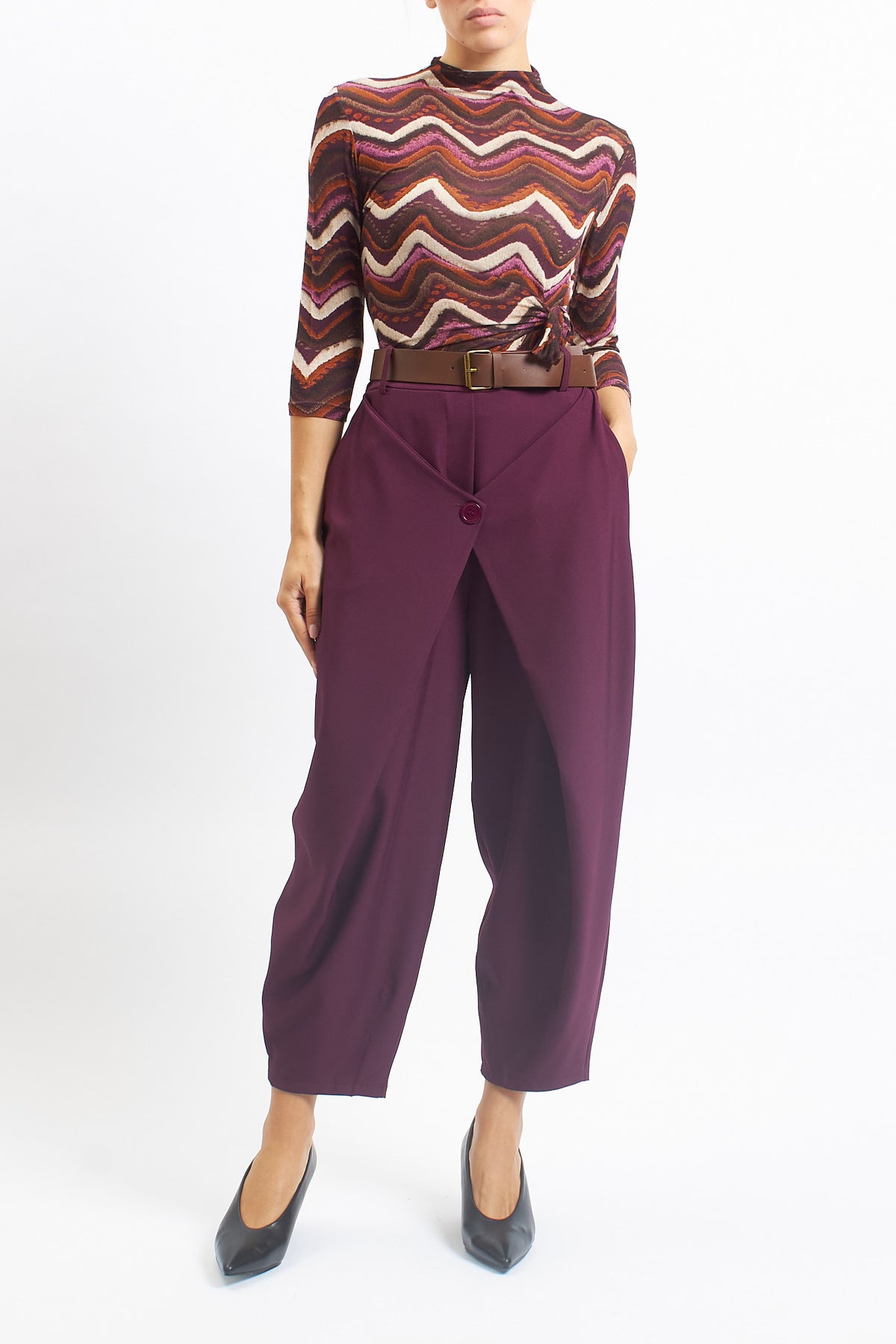 Pantalone barrel in cady con pannello