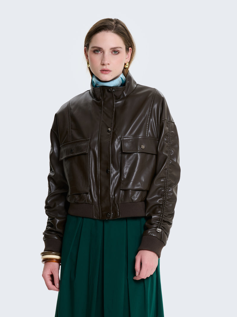 Bomber cropped in ecopelle marrone