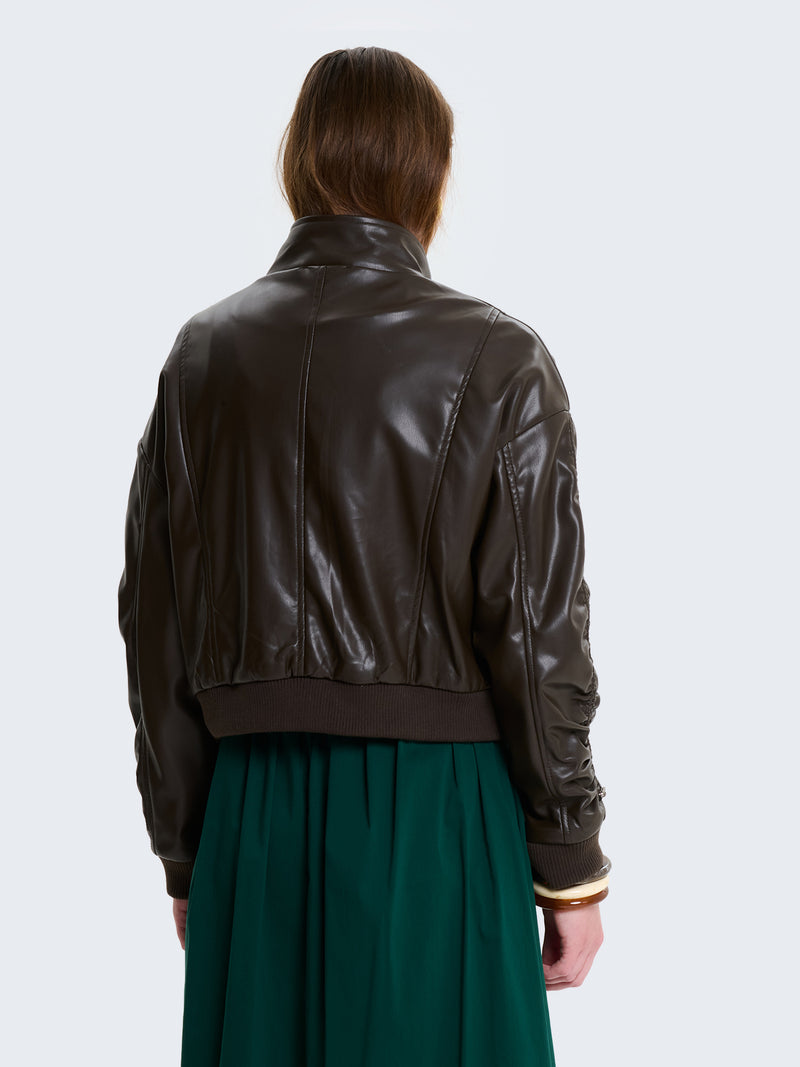 Bomber cropped in ecopelle marrone