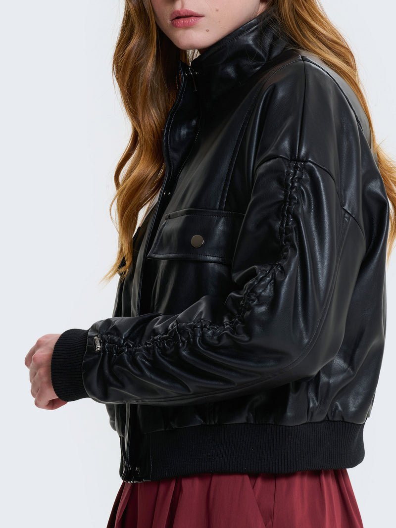 Bomber cropped in ecopelle nero