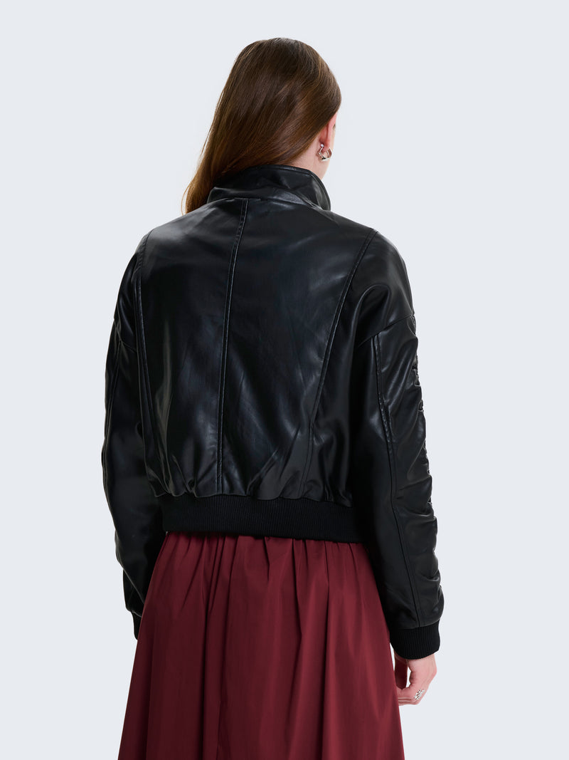 Bomber cropped in ecopelle nero