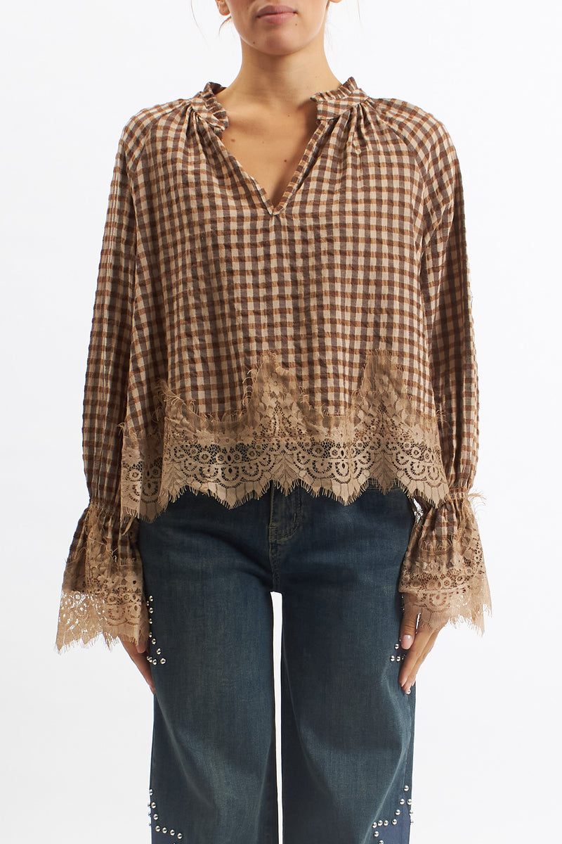 Camicia in tessuto Vichy con inserti in pizzo