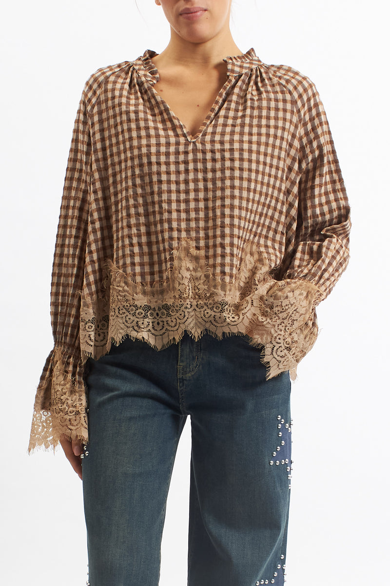 Camicia in tessuto Vichy con inserti in pizzo