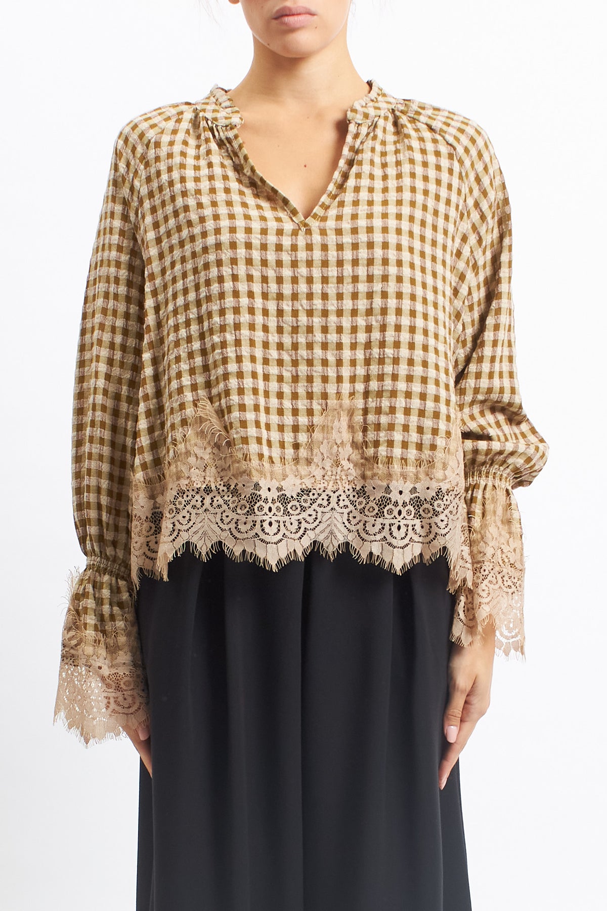 Camicia in tessuto Vichy con inserti in pizzo