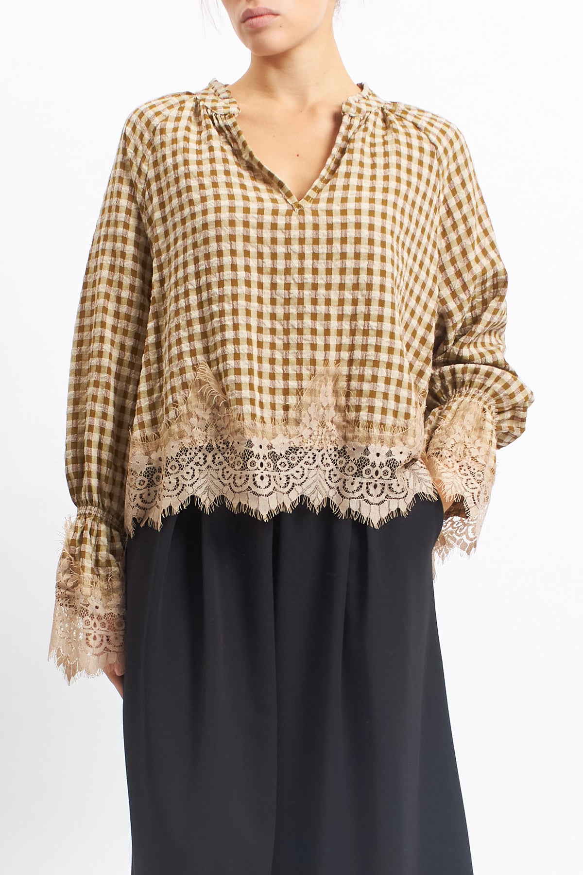 Camicia in tessuto Vichy con inserti in pizzo