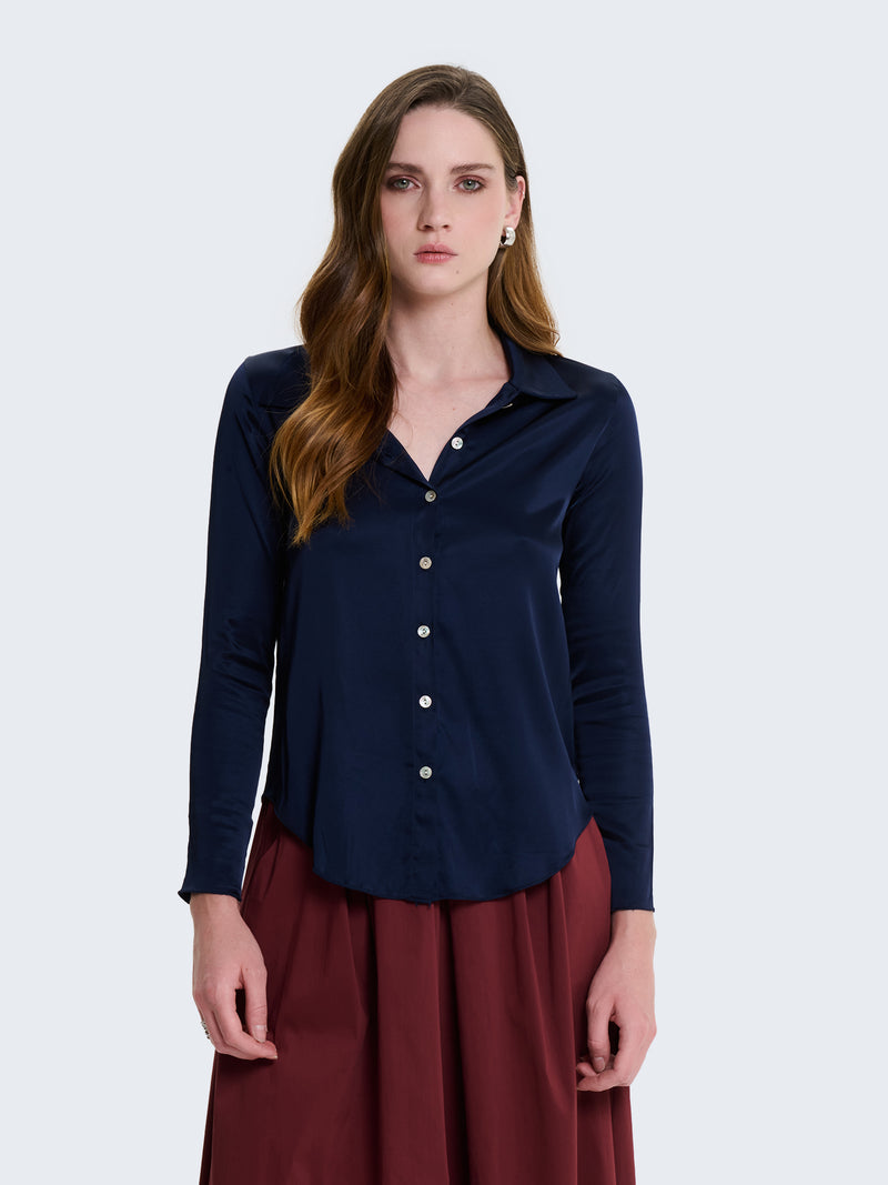 Camicia slim fit in raso a maniche lunghe