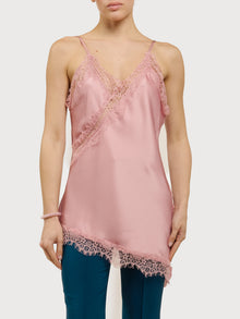 Abito asimmetrico in raso e pizzo