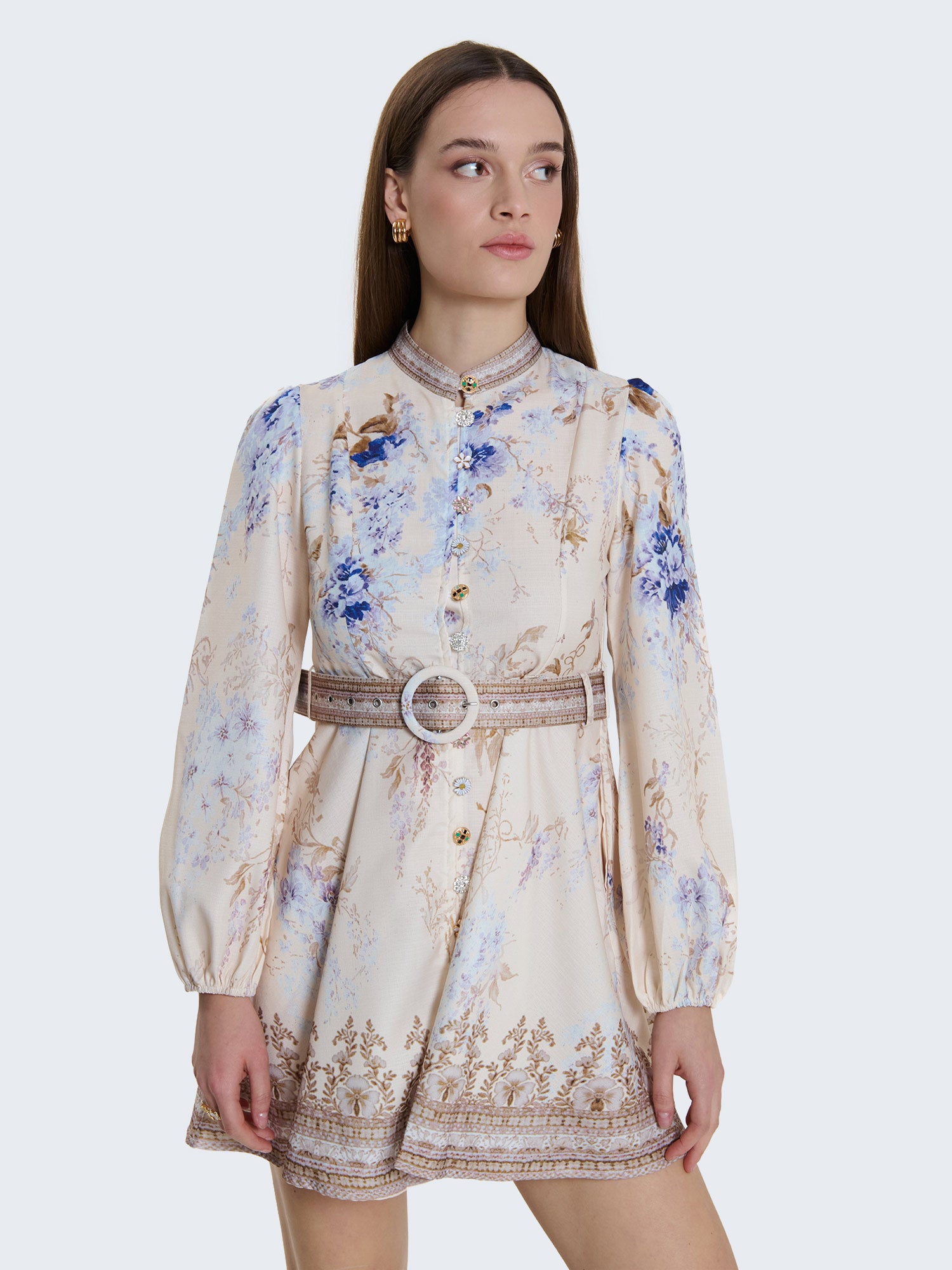 Short patterned dress with jewel buttons