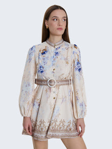 Short patterned dress with jewel buttons