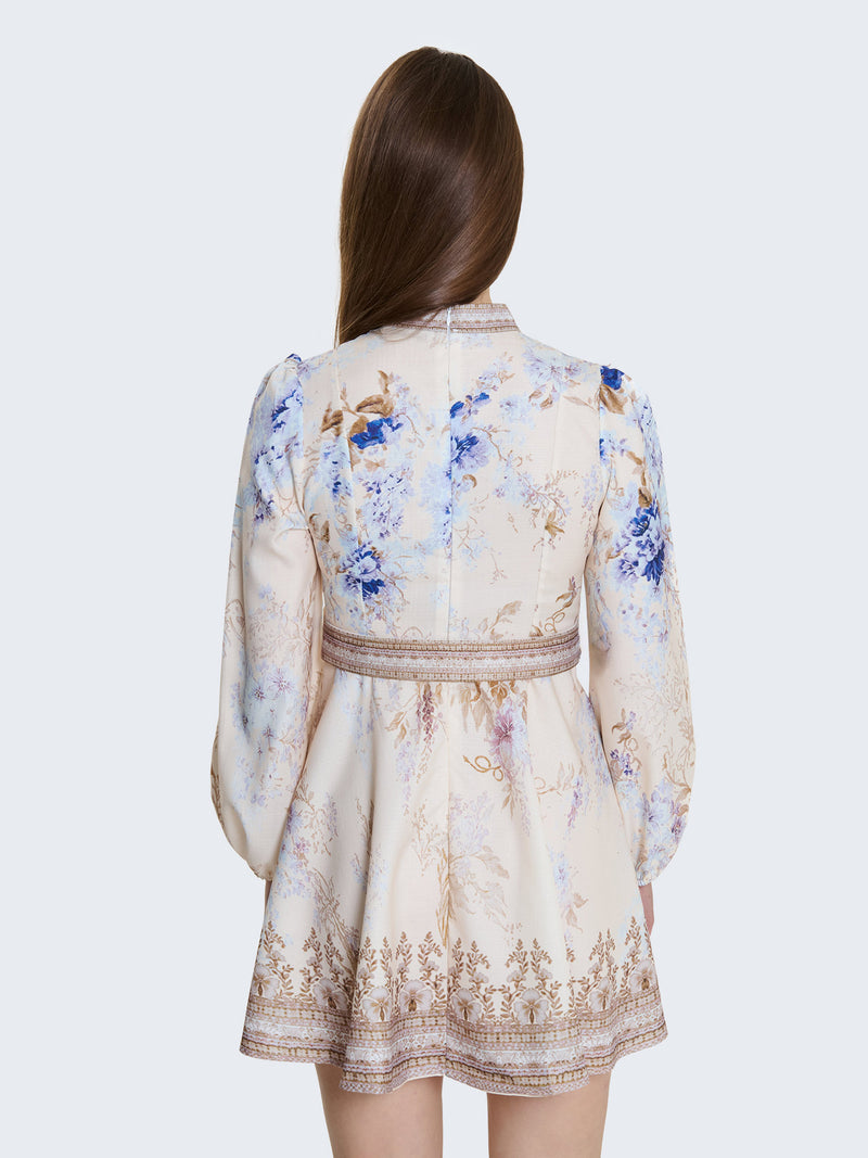 Abito corto fantasia con bottoni gioiello