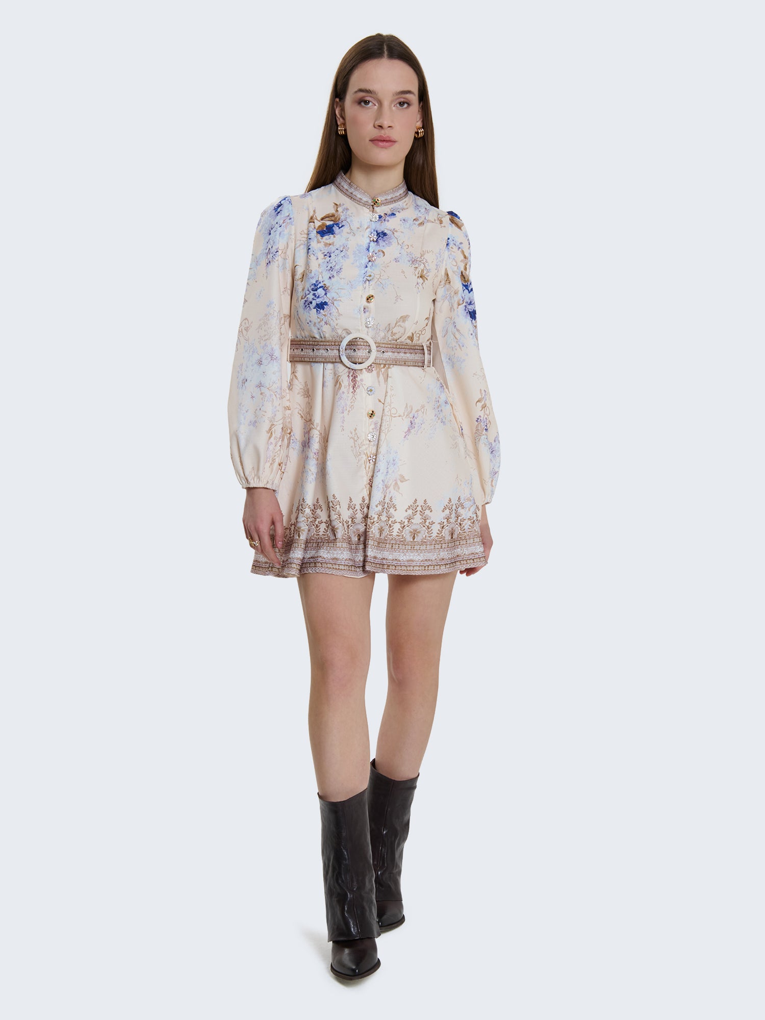 Short patterned dress with jewel buttons