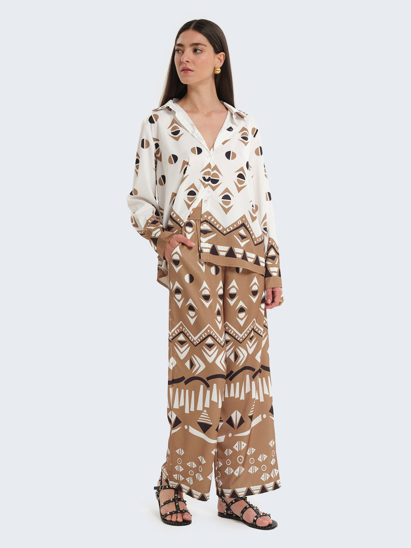 Completo pigiama camicia e pantaloni palazzo fantasia