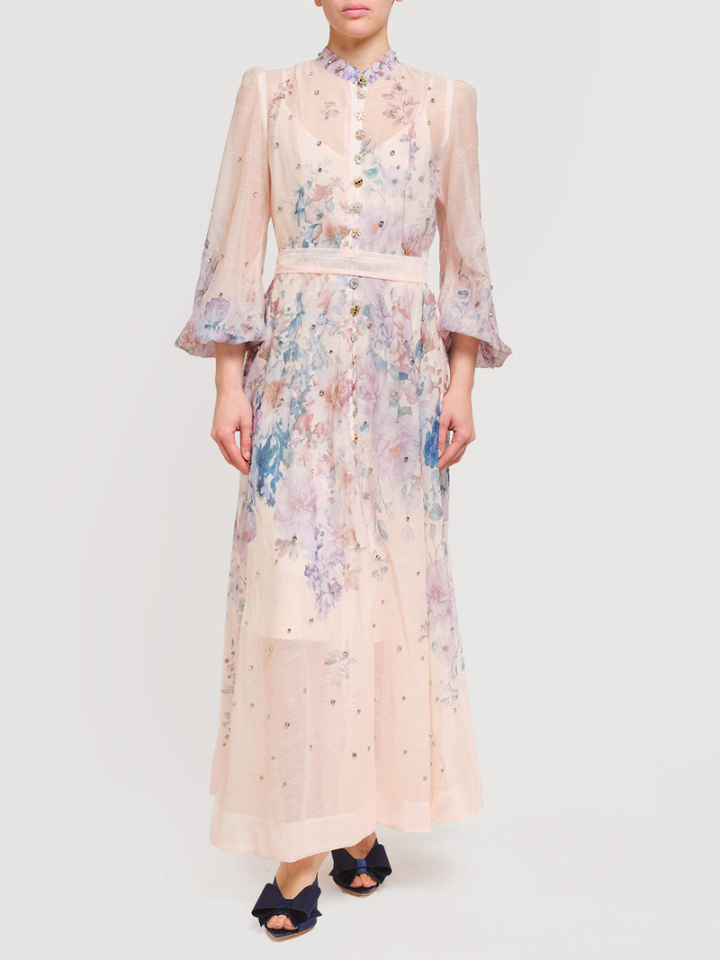 Abito lungo con bottoni gioiello