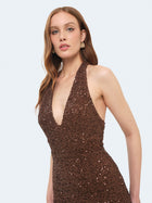 Abito lungo allacciato al collo con paillettes