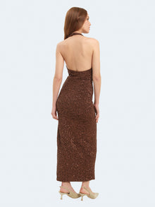 Abito lungo allacciato al collo con paillettes