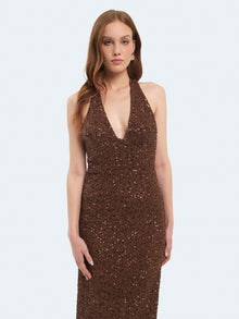 Abito lungo allacciato al collo con paillettes