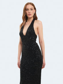 Abito lungo allacciato al collo con paillettes